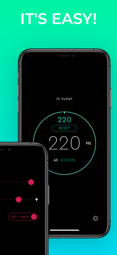 drum tuner EZ - drum tuning app for Android & iOS - Scale Tuner screen overview with the accent color slider and the differnece scale with indication in Note and Cents + Hz